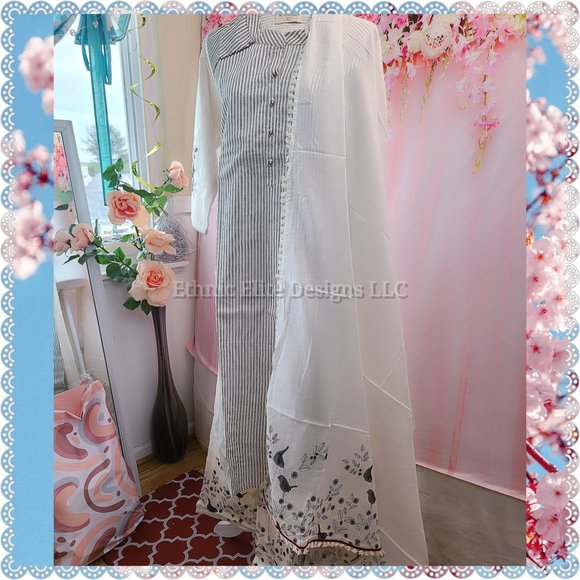 New off-White Kurta floral Palazzo Set -Indian Straight Kurti Set SIZE M - Picture 3 of 8